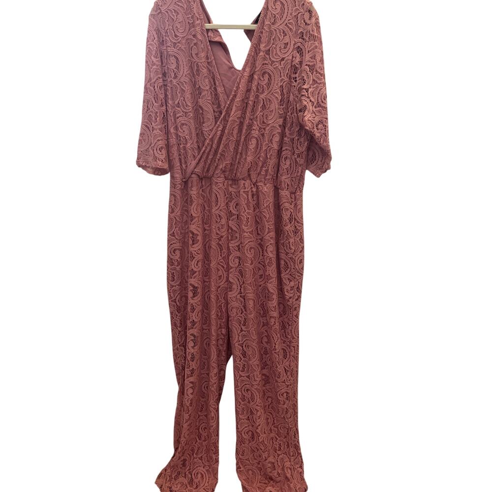 Rouge Collection Jumpsuit Women's Plus Size 4XL Pink Mauve V-Nick Lace Pantsuit